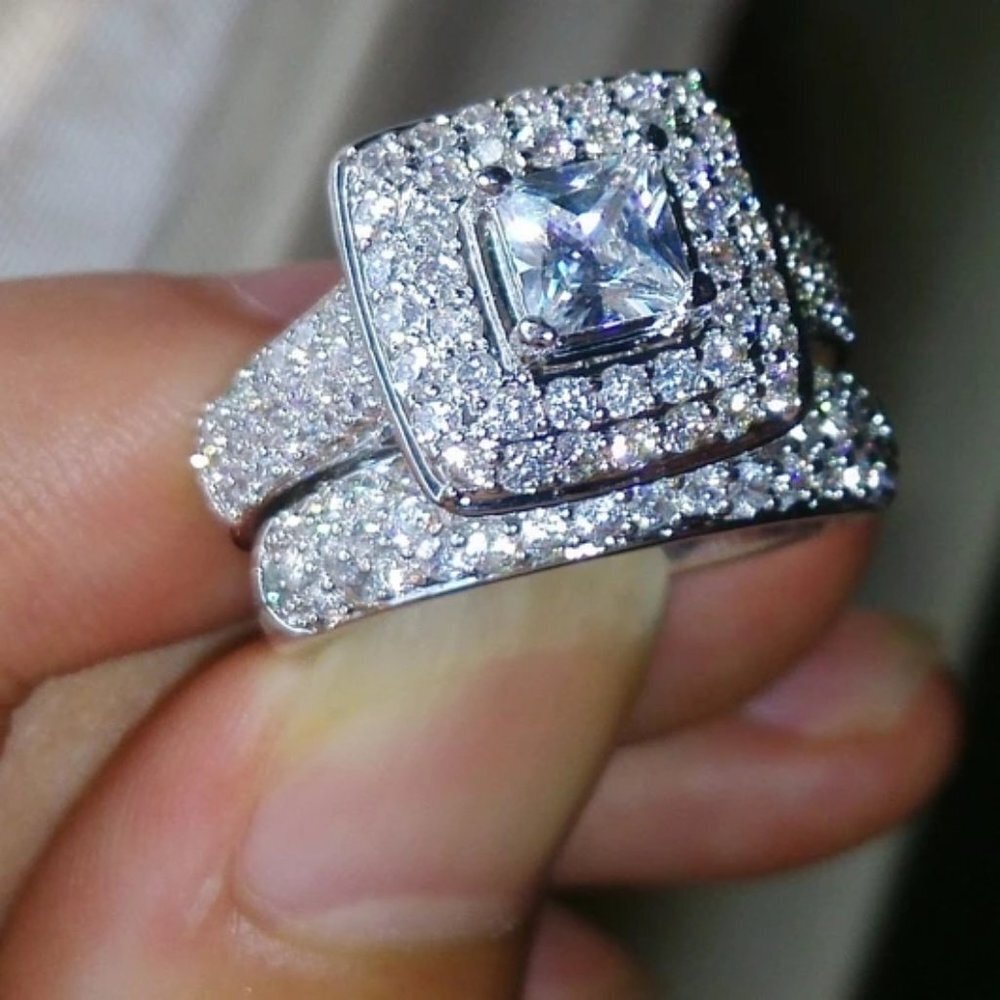 🔥Shiny Princess Cut Square Zircon Delicate Luxury Silver Ring Set, UNVN12306 - Picture 6 of 6